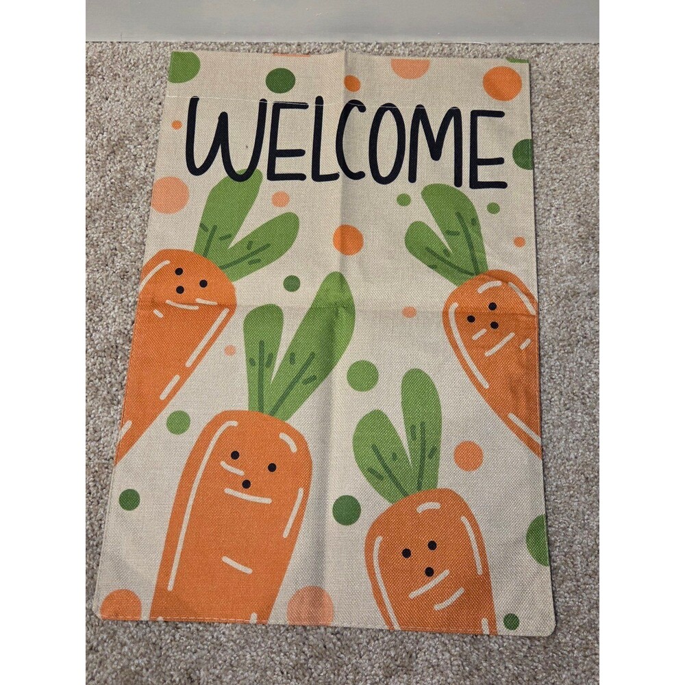 Welcome garden flag with cartoon carrots